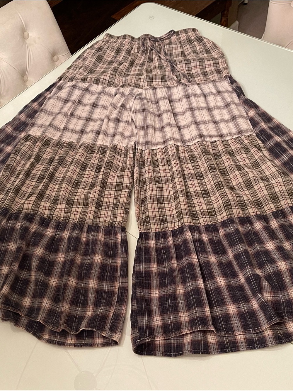 Wide-Leg Plaid Tiered Pants - Pink and Black